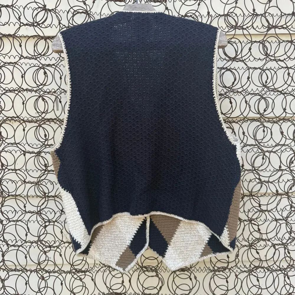 Vintage Grandpacore Neutral Boho Argyle Knit Sweater Vest LARGE Brown Tan Black